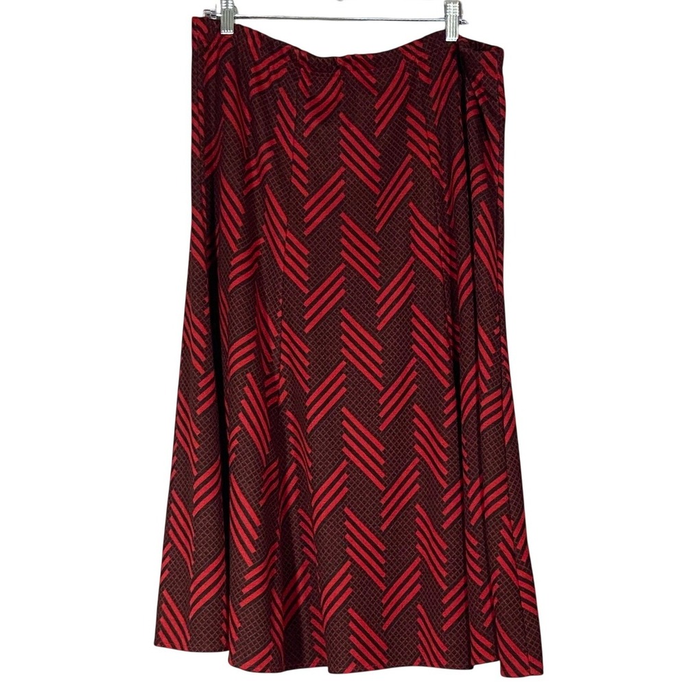 N Touch Women Sz XL Geometric Print Midi Skirt Burgundy Red Black Elastic Waist